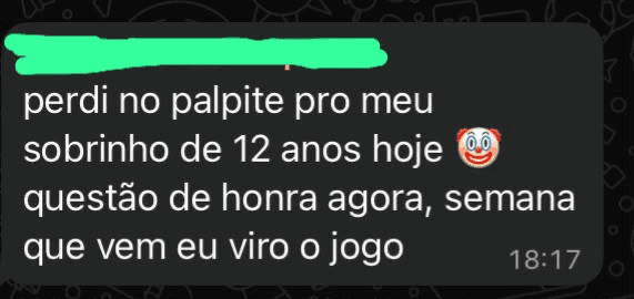 Mensagem no grupo: 'perdi o palpite pro meu sobrinho de 12 anos, questão de honra agora'